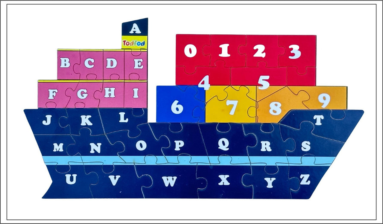 Educational puzzle ship with letters and numbers on a white background