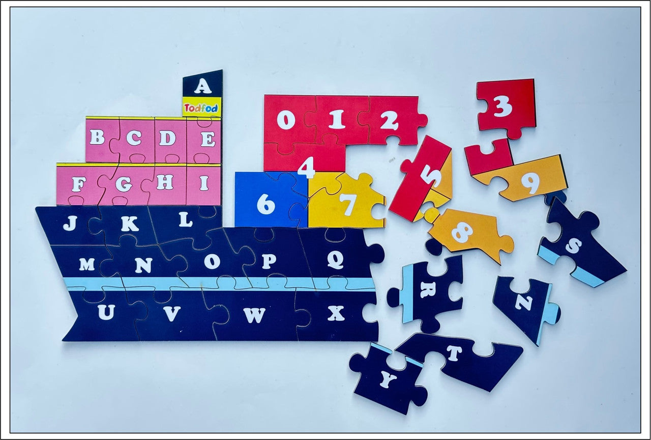 Children's puzzle with letters and numbers on a blue background