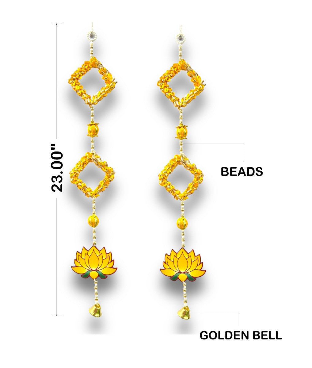 Yellow earrings with beads and golden bells, shown with measurements on a white background.