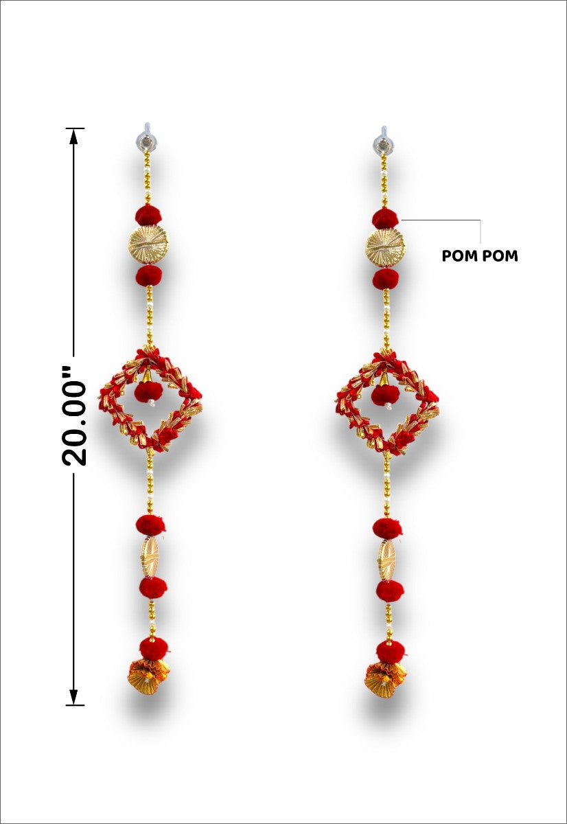 Decorative earrings with red and gold beads and pom-poms, shown with measurements on a white background.
