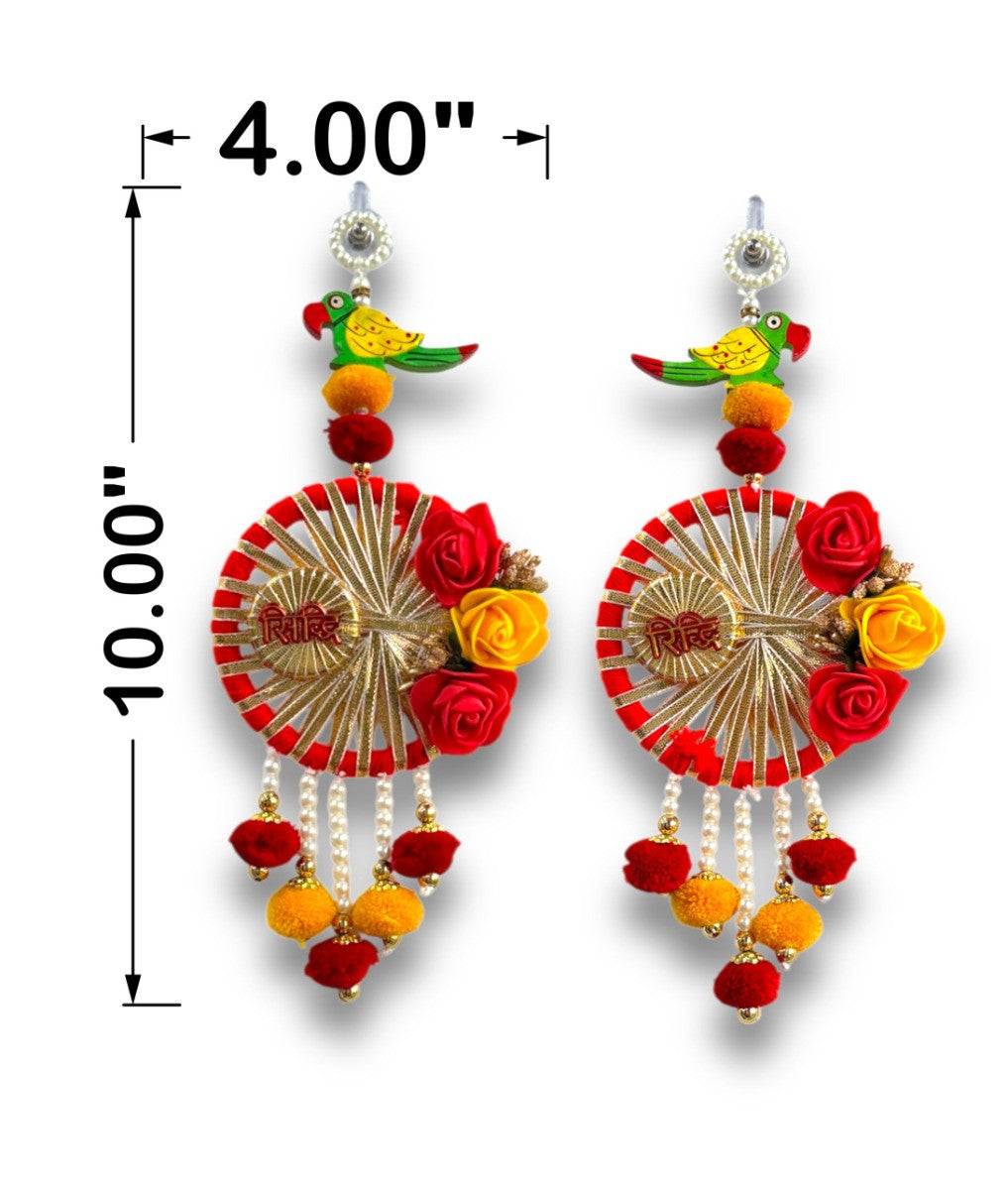 Colorful earrings with floral and pom-pom details, shown with measurements on a white background.