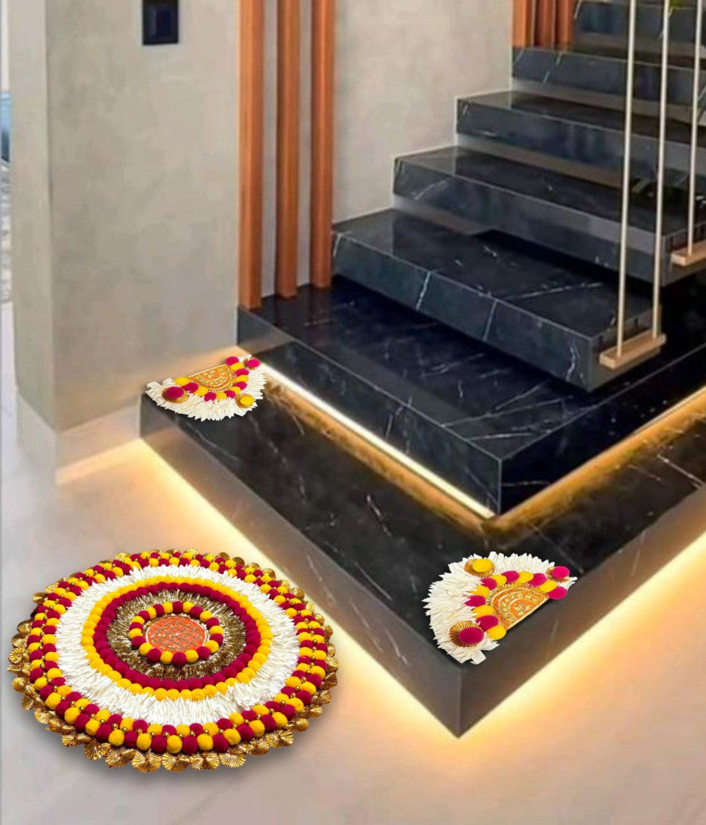 Smaran Handcrafted Decorative Rangoli Mat for Festivals | Handmade Traditional Diwali Rangoli Home Decor | Eco-Friendly & Reusable | Ideal for Navratri, Weddings & Special Occasions (3 Pieces)