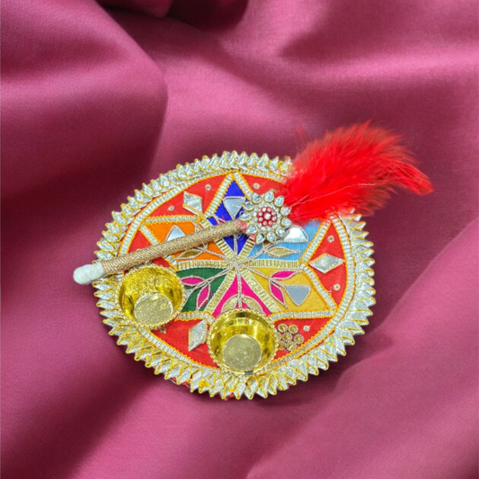 Smaran kumkum thali with 2 roli chawal Holder with Stick for Welcome Plate Home Pooja Wedding Rakhi Pooja thali Ethnic minakari Work traditinal haldi kumkum thali ((5 INCH) Design 4)