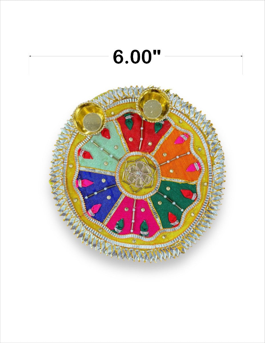 Decorative round item with colorful design and measurements on a white background