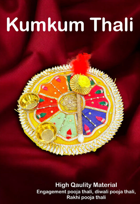 Decorative Kumkum Thali with colorful design on a red background