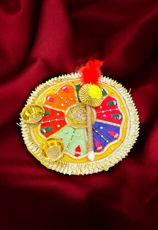 Smaran kumkum thali with 2 roli chawal Holder with Stick for Welcome Plate Home Pooja Wedding Rakhi Pooja thali Ethnic minakari Work traditinal haldi kumkum thali ((6 INCH) Design 1)