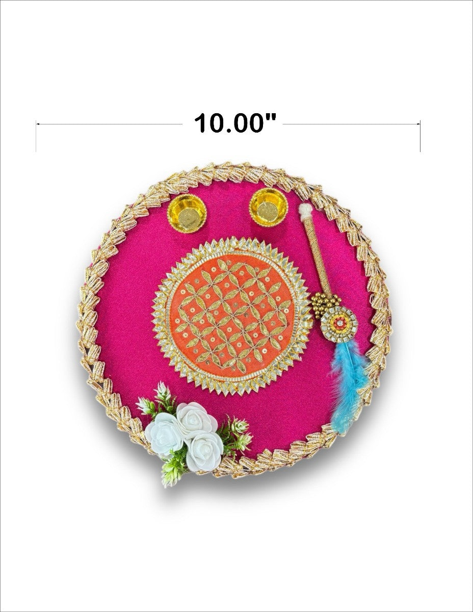 Smaran kumkum thali with 2 roli chawal Holder with Stick for Welcome Plate Home Pooja Wedding Rakhi Pooja thali Ethnic minakari Work traditinal haldi kumkum thali ((10 INCH) Design-2)