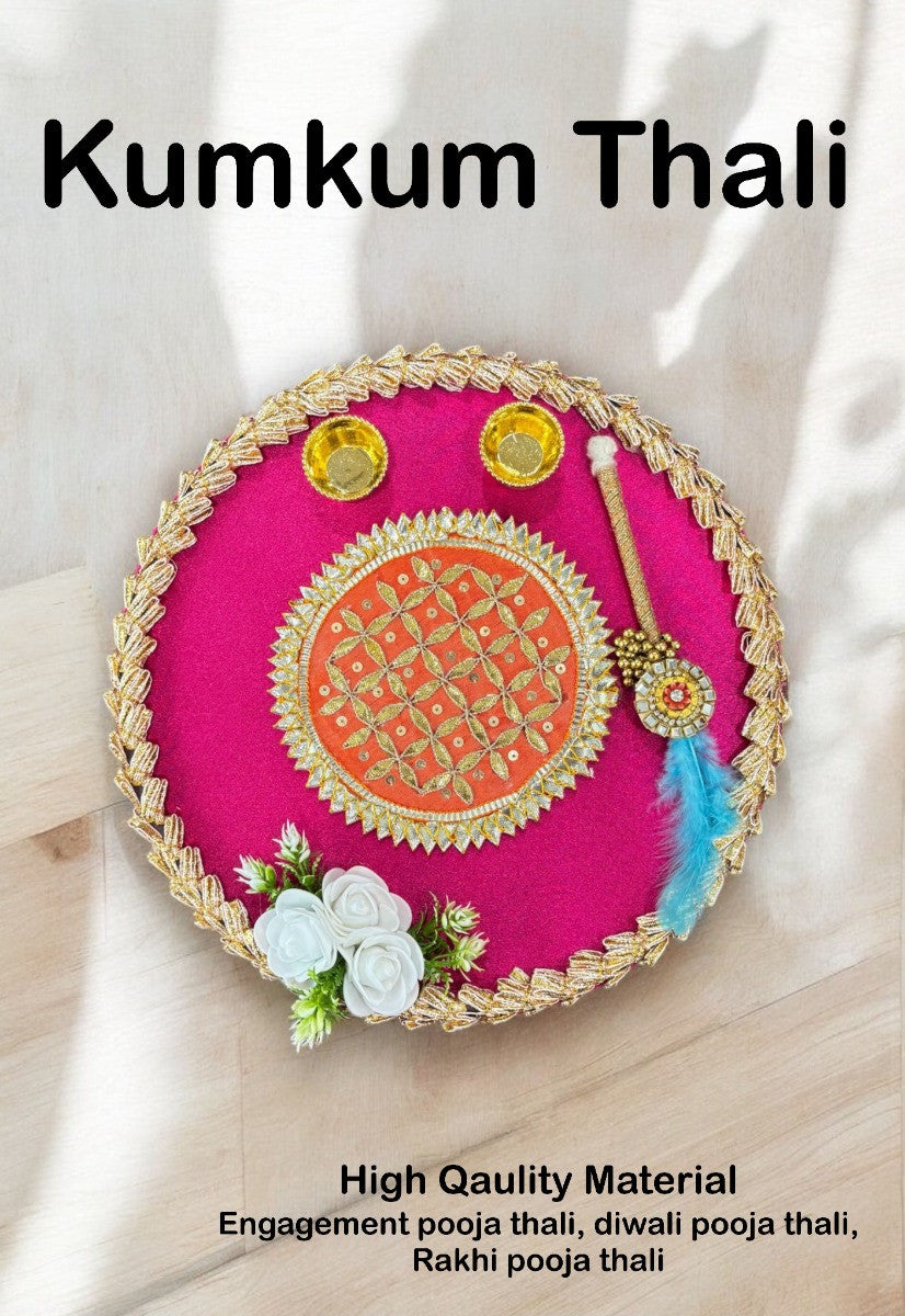 Smaran kumkum thali with 2 roli chawal Holder with Stick for Welcome Plate Home Pooja Wedding Rakhi Pooja thali Ethnic minakari Work traditinal haldi kumkum thali ((10 INCH) Design-2)