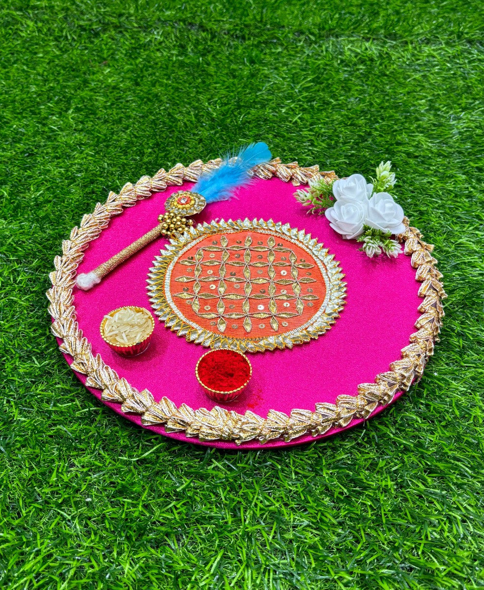 Smaran kumkum thali with 2 roli chawal Holder with Stick for Welcome Plate Home Pooja Wedding Rakhi Pooja thali Ethnic minakari Work traditinal haldi kumkum thali ((10 INCH) Design-2)