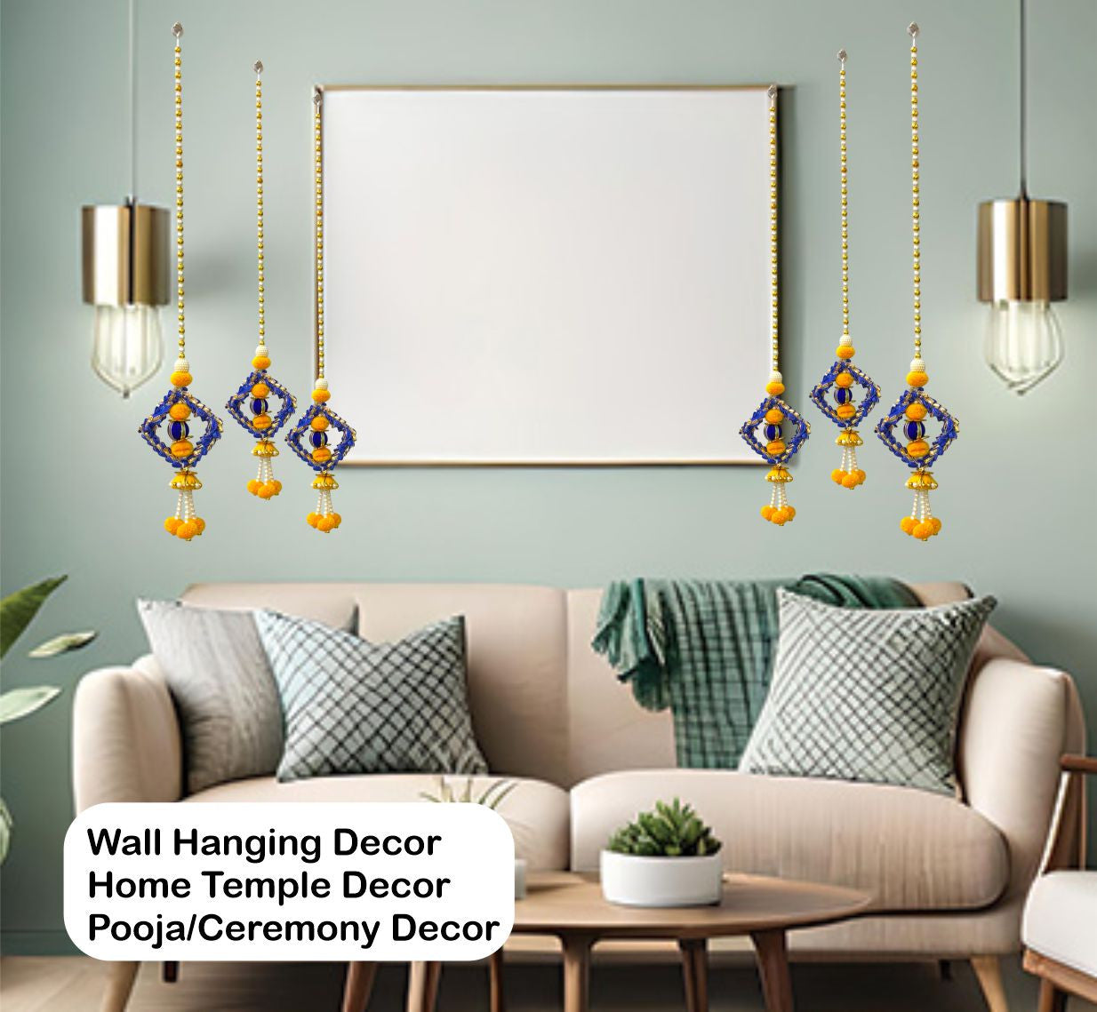 Living room with wall hanging decor, sofa, and framed artwork.