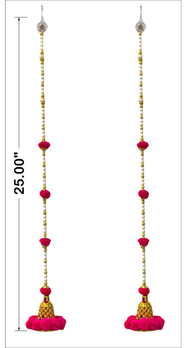 Pair of long earrings with pink and gold beads and measurements on a white background