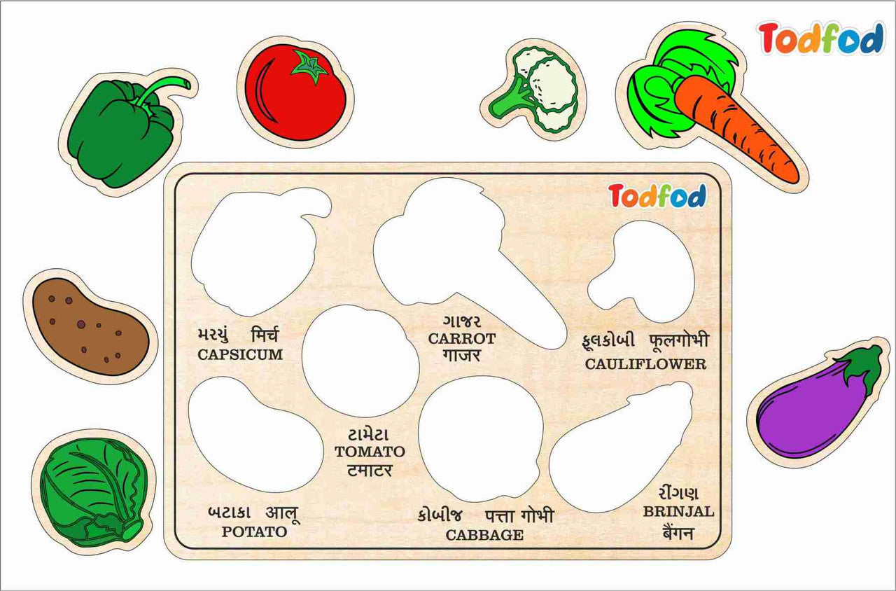 Wooden puzzle with vegetable shapes and labels on a beige background, featuring the brand 'Todfed'.