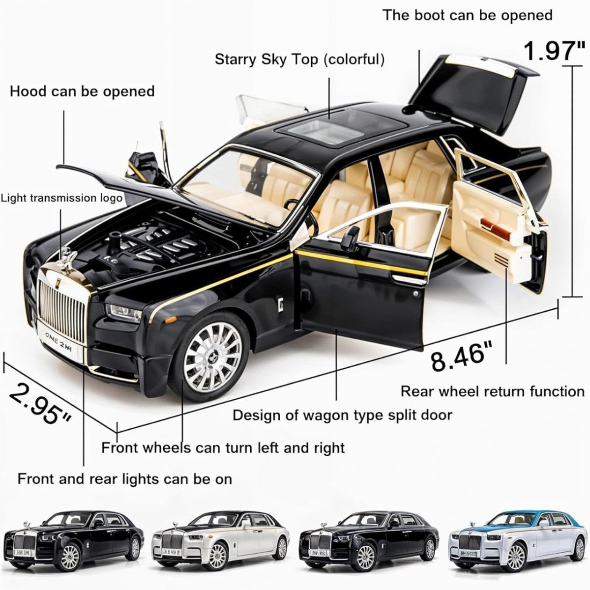TodFod Exclusive 1:32 Scale Rolls Royce Phantom Pull Back Toy Car for Kids with Openable Doors, Lights, Music – Premium Gift for Boys