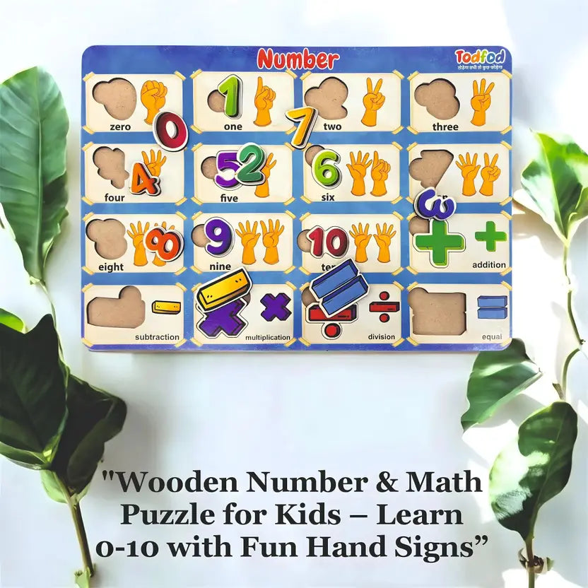 Wooden number and math puzzle for kids with colorful hand signs on a white background