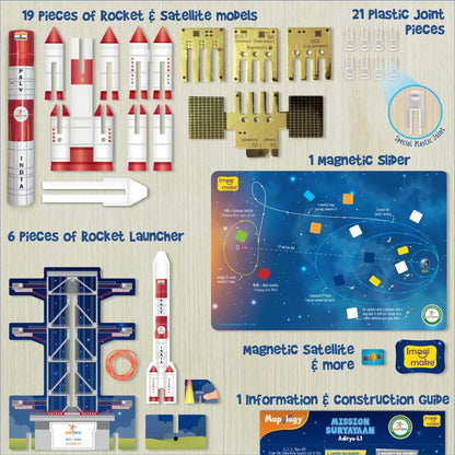 Rocket and satellite model kit with components and instructions on a white background