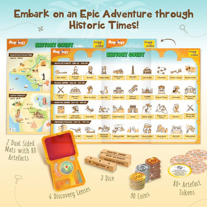 History-themed educational game set with maps, dice, coins, and tokens on a blue background.