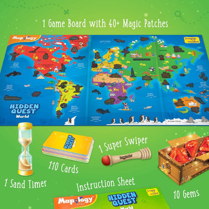 Mapology Hidden Quest World game set with game board, magic patches, cards, swiper, sand timer, and gems on a green background.