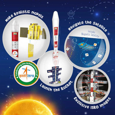 Promotional graphic for a rocket model kit with educational elements on a space-themed background.