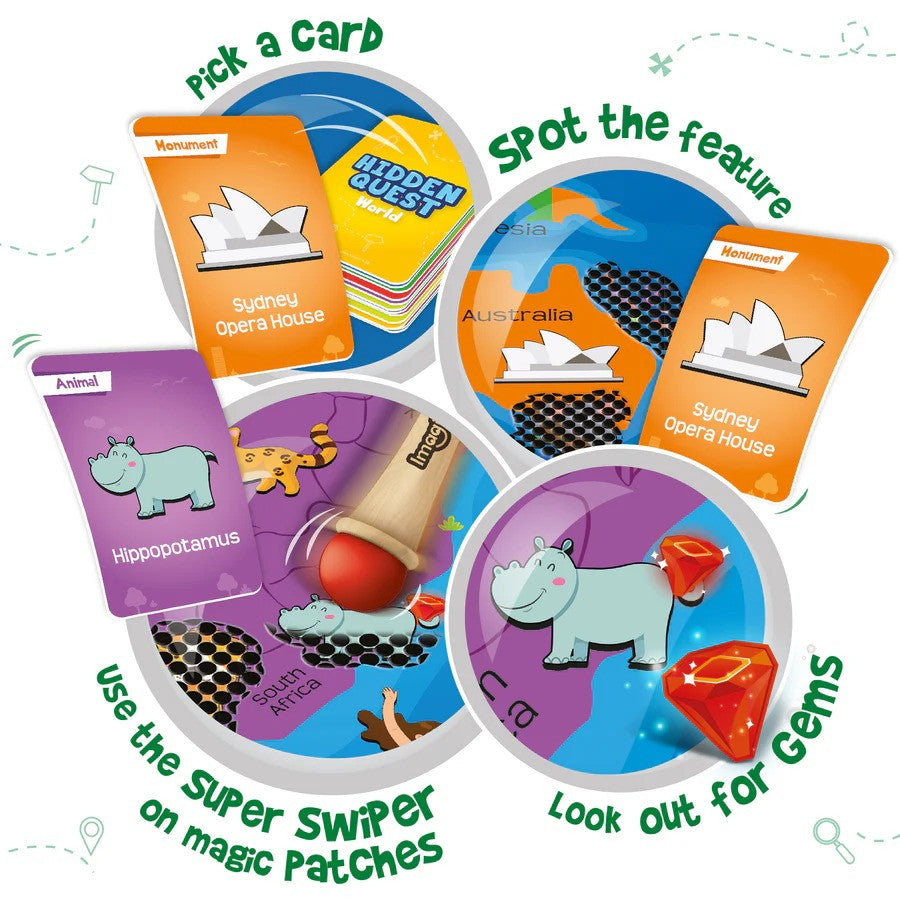 Children's educational game with cards and a swiper, featuring the Sydney Opera House and hippopotamus illustrations.