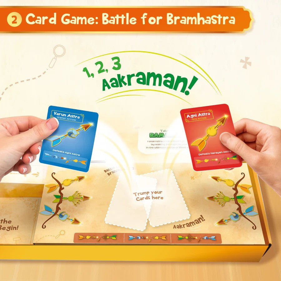 Card game setup with two cards held by hands, labeled 'Battle for Bramhastra'.