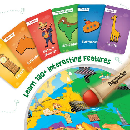 Educational cards and a map with a rolling pin, featuring various topics like culture, physical features, and animals.