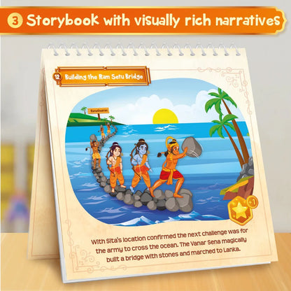 Storybook page with illustration of characters building a bridge over water, featuring text and decorative elements.