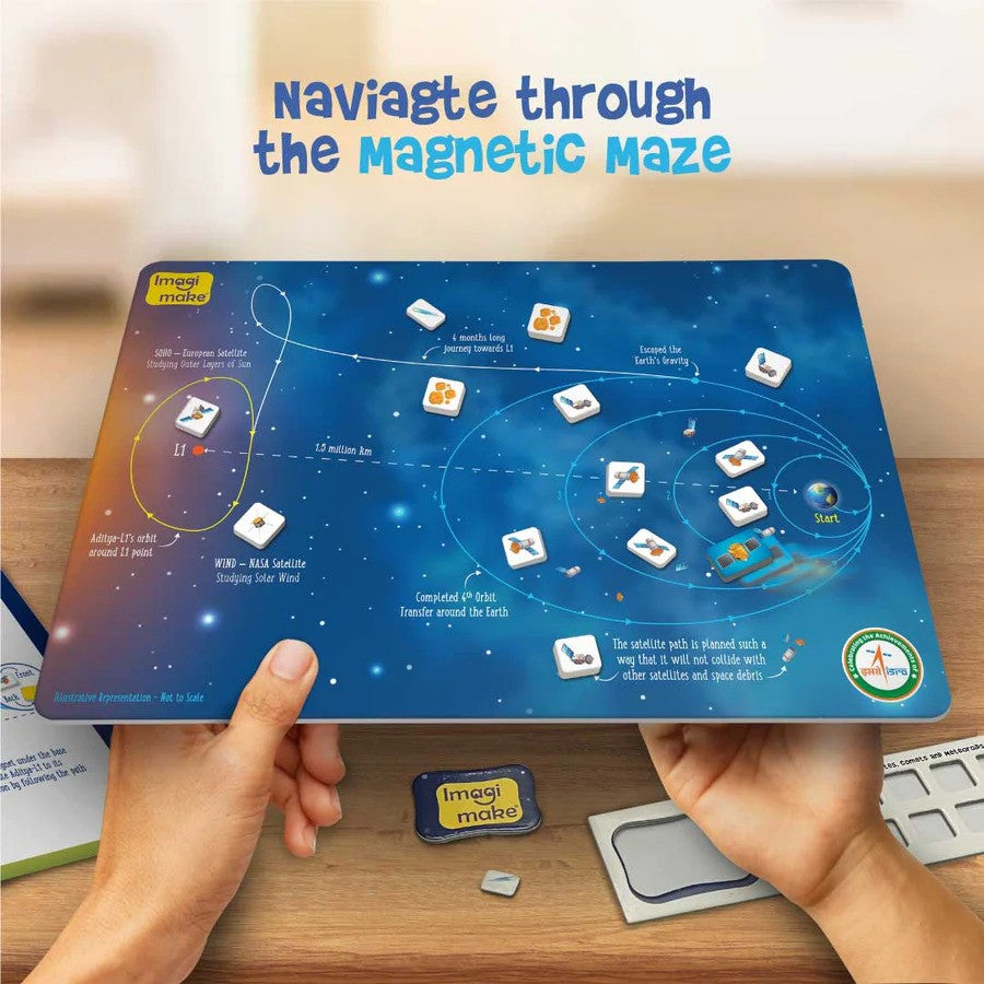 Magnetic maze game with instructions on a wooden surface