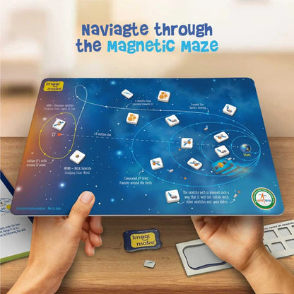 Magnetic maze game with instructions on a wooden surface