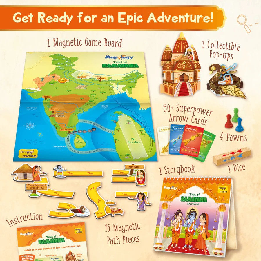 Children's game set with magnetic game board, pop-ups, cards, and storybook on a beige background.