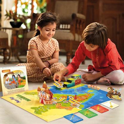 Two children playing with a board game in a home setting
