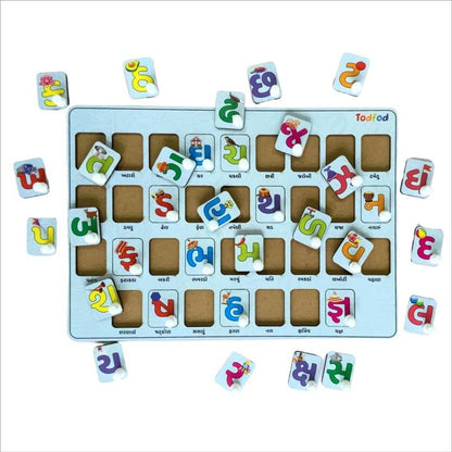 Educational alphabet and number puzzle for children with colorful letters and numbers on a white background.