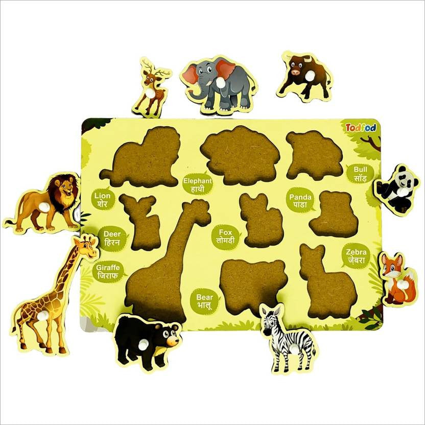 Children's puzzle with animal shapes and names on a yellow background
