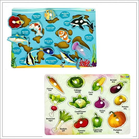 Todfod Wooden Jigsaw Puzzles Fish & Vegetable Characters For Kids 