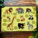 Children's play mat with animal illustrations on a green background