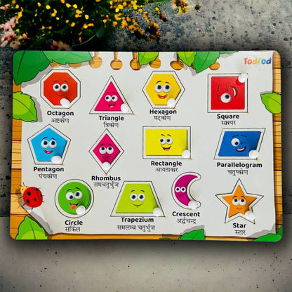 Educational children's board with geometric shapes and cartoon faces on a wooden frame.