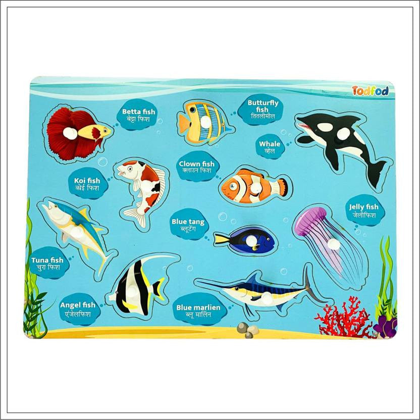 Educational toy with ocean-themed puzzles and labels on a blue background