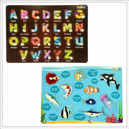 Todfod Wooden Jigsaw Puzzles Abcd 4 In 1 & Fish Characters For Kids
