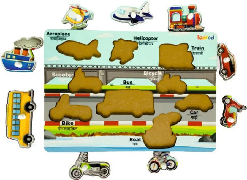 Educational toy with magnetic vehicles and shapes on a white background