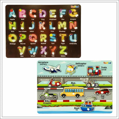 Todfod Wooden Jigsaw Puzzles Abcd 4 In 1 & Vehicle Characters For Kids