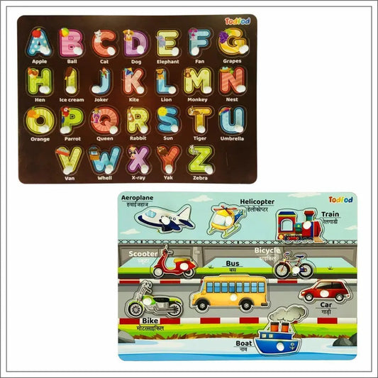 Todfod Wooden Jigsaw Puzzles Abcd 4 In 1 & Vehicle Characters For Kids