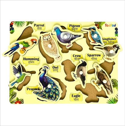 Educational puzzle with illustrations of various birds and their names in both English and Hindi.