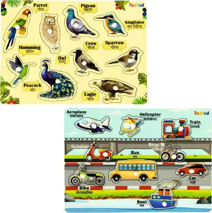Todfod Wooden Jigsaw Puzzles | Birds & Vehicle Characters For Kids
