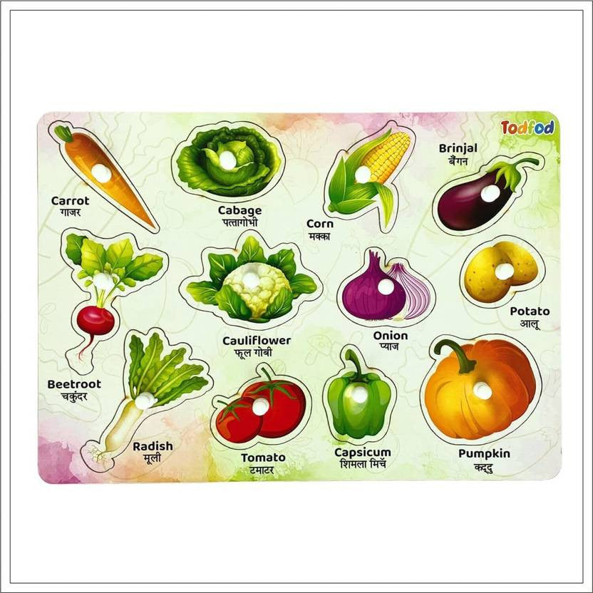 Educational vegetable chart with illustrations and names in both English and Hindi.