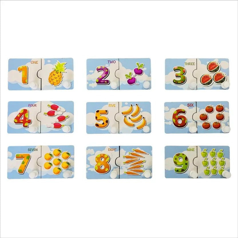 Set of nine educational number cards with fruits on a white background