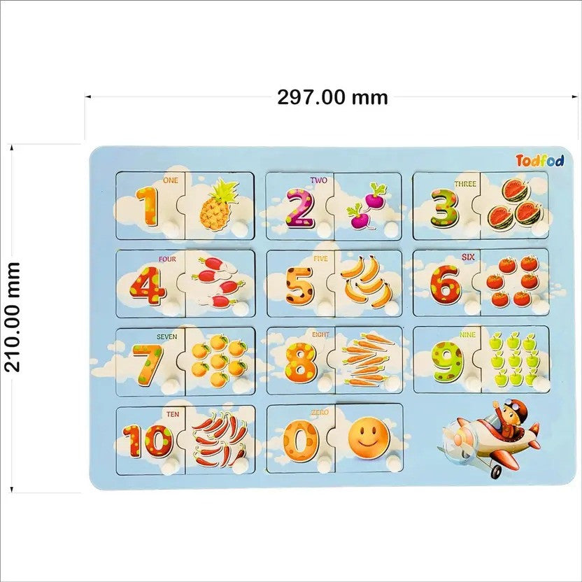Children's number puzzle with colorful illustrations on a blue background