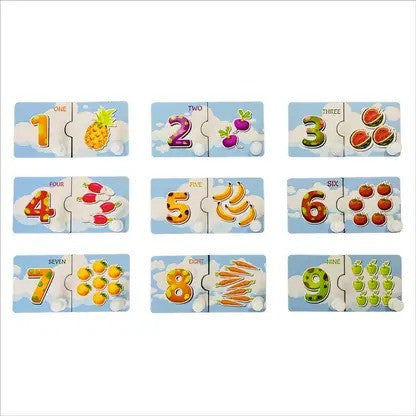 Set of nine educational number puzzles with fruits and vegetables on a white background