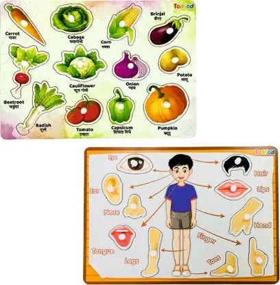 Educational board games with vegetable and body part illustrations on a white background