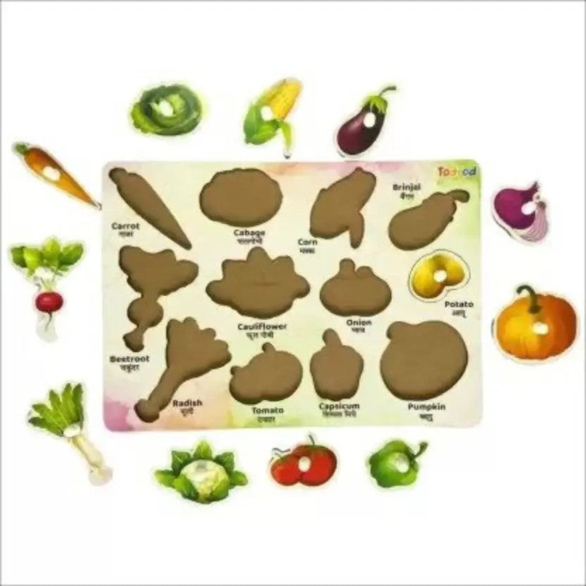 Children's puzzle with vegetable shapes and names on a white background