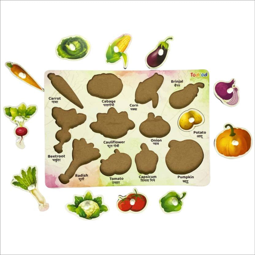 Children's puzzle with vegetable shapes and names on a white background