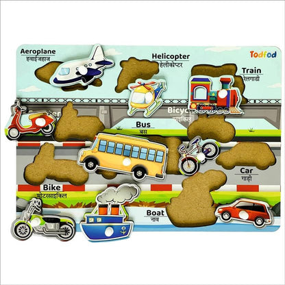 Educational toy with cut-out vehicle shapes on a colorful background